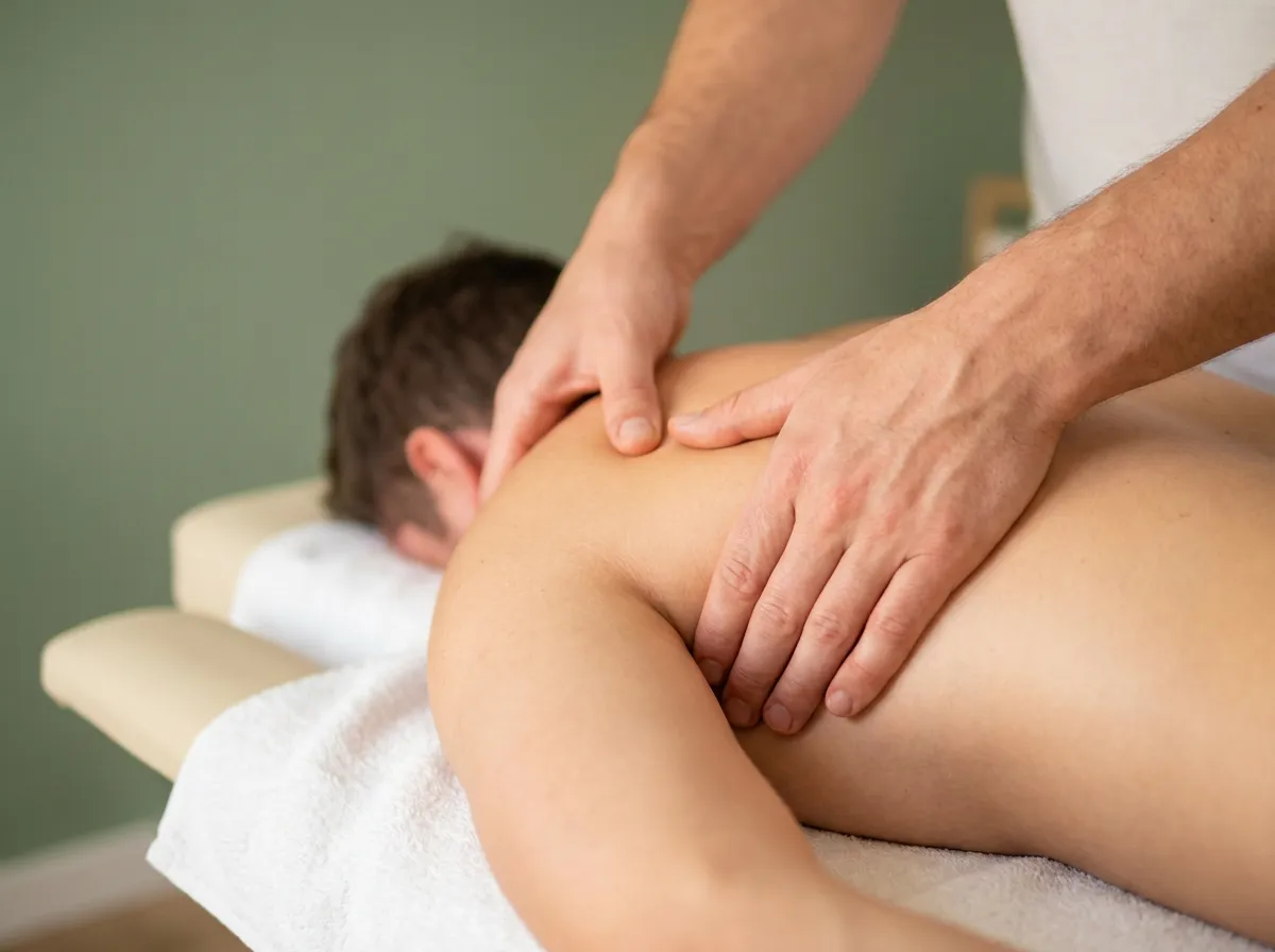 Hände einer Therapeutin bei der Behandlung des oberen Rückens