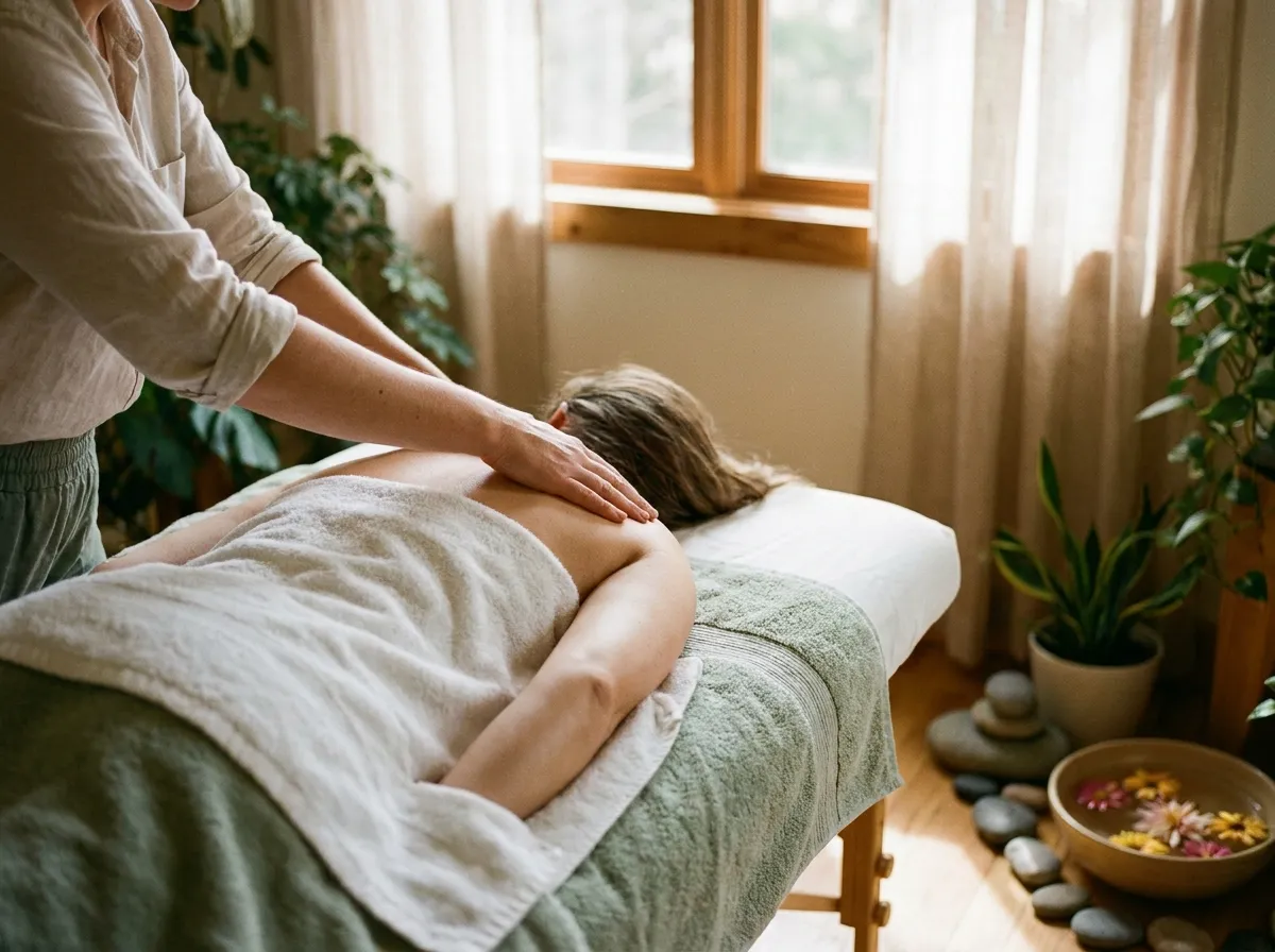 Ruhige Massagebehandlung der Schultern mit weichen Handtüchern