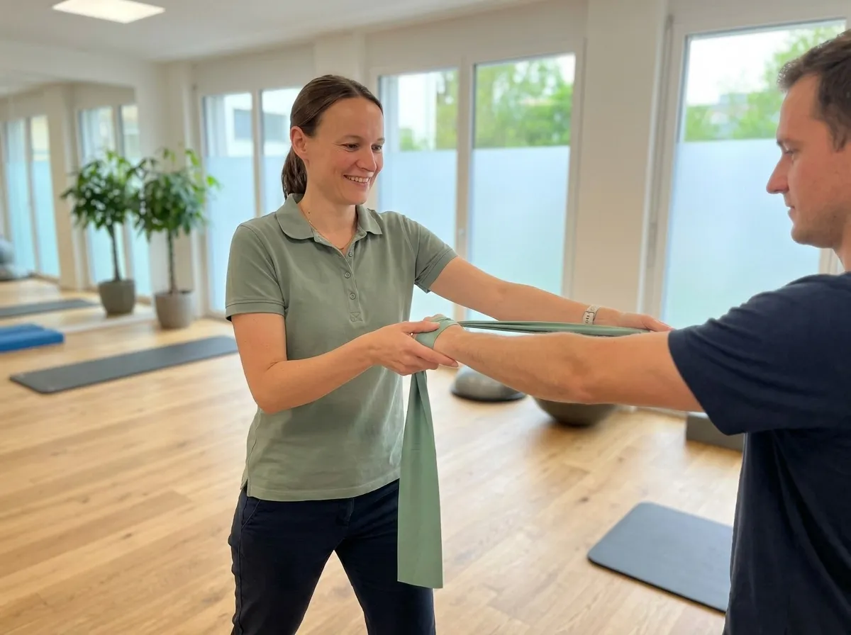 Patient trainiert mit Widerstandsband unter Anleitung